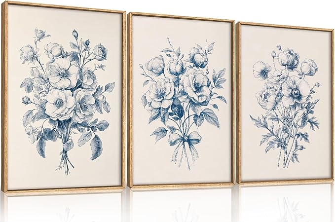 KAIRNE 3 Piece Chinoiserie Blue Floral Wall Art, Vintage Navy Flower Sketch Prints, Watercolor Bouquet Canvas Paintings for Living Room, Bedroom Decor, Framed Botanical Wall Decor Set - 24"×36"
