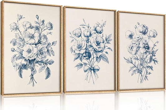 KAIRNE 3 Piece Chinoiserie Blue Floral Wall Art, Vintage Navy Flower Sketch Prints, Watercolor Bouquet Canvas Paintings for Living Room, Bedroom Decor, Framed Botanical Wall Decor Set - 24"×36"