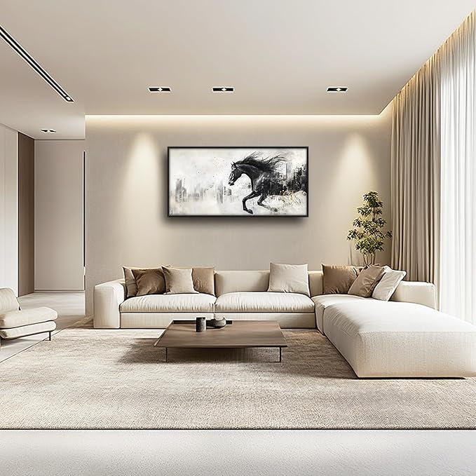 Framed Large Wall Art for Living Room, Black Running Horse Canvas Wall Decor, Large City Picture Framed Painting, Abstract Modern Artwork for Bedroom Office 60L'' × 30W''