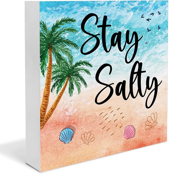 Summer Decor Stay Salty Wood Block Sign Home Beach House Desk Table Shelf Decoration