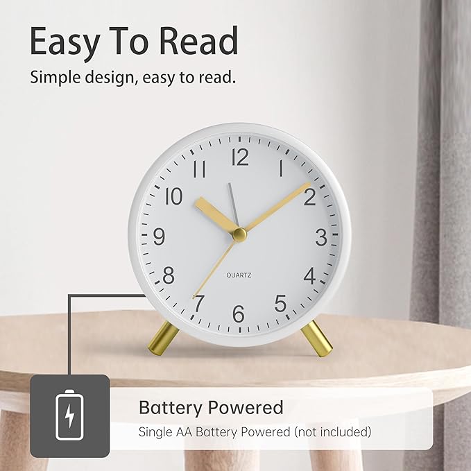 Analog Alarm Clock, 4 inch Super Silent Non Ticking Small Clock with Night Light, Battery Operated, Simple Design, easy setting for Office, Bedroom, Bedside, Desk, teens, elders, kids, adult, White