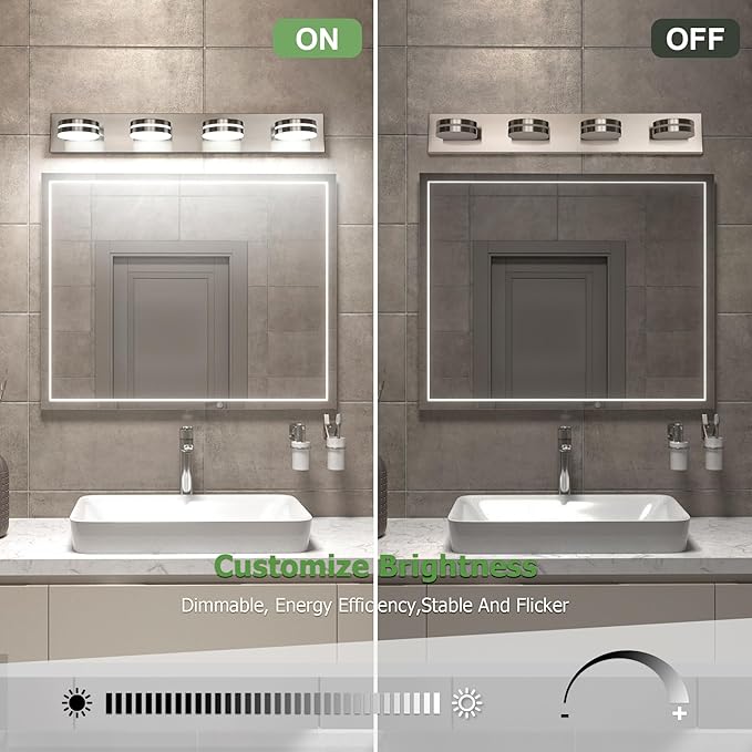 Brushed Nickel Vanity Lights for Bathroom, 4-Light Bathroom Light Fixtures Over Mirror, LED Dimmable Bath Lighting Fixture, Modern Wall Mounted Lighting Fixture