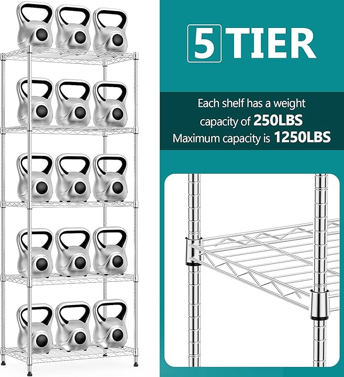 IZEUK 5-Tier Chrome Metal Storage Shelves, Adjustable Wire Shelving Unit for Kitchen, Bathroom, Pantry, Office, Garage, Organizer Wire Rack, 1250 lbs, 13.7" D x 23.6" W x 53.4" H