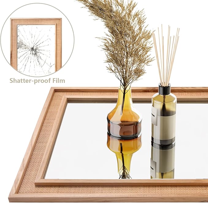 Rattan Full Length Mirror 18"x48" Long Mirror Wood Framed Large Hanging Wall Mounted Mirror Full Body Mirror Decorative Rectangle Floor Mirror Leaning Against Wall for Bedroom Living Room