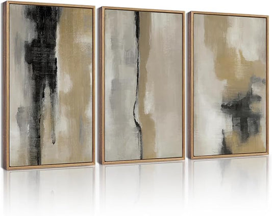KUVIOKE Black Gray Abstract Framed Wall Art Minimalist Modern Neutral Wall Art Decor for Living Room Hallway Bedroom Ready to Hang 11x14in (Natural Framed)