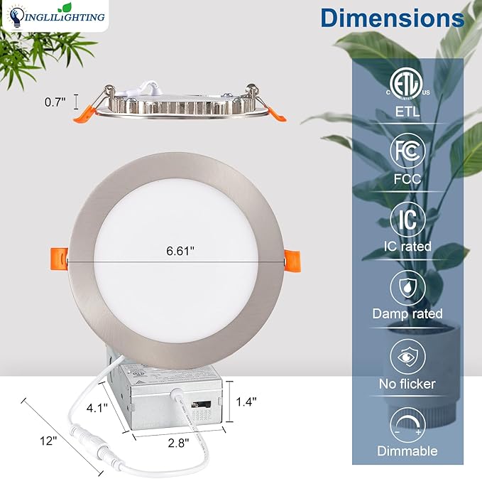 DLLT LED Recessed Ceiling Lights: 12 Pack 6 Inch 5CCT Ultra-Thin Lighting with Junction Box for Bedroom - 1200LM Brightness 12W Eqv 110W Dimmable Canless Wafer Downlight with ETL&FCC-Nickel Brush
