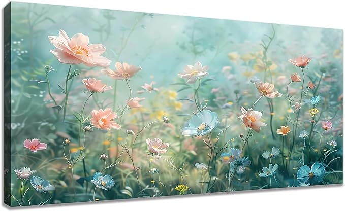 Tucai Decor Floral Canvas Wall Art Colorful Wildflowers Field Painting 30W x 58L inches Pink Blue and Yellow -Flowered Plants Art Prints Wall Decor for Living Room Bedroom Office Ready to Hang