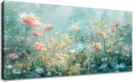 Tucai Decor Floral Canvas Wall Art Colorful Wildflowers Field Painting 30W x 58L inches Pink Blue and Yellow -Flowered Plants Art Prints Wall Decor for Living Room Bedroom Office Ready to Hang