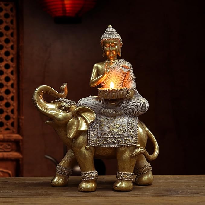 Buddha Statue for Home Decor Gold Candle Holder 11.5”-Elephant Buddha Statues for Zen Decor - Spiritual Buddha Decor for Living Room-Buda–Budda–Buddha Gift for Relaxation, Meditation or Shrine