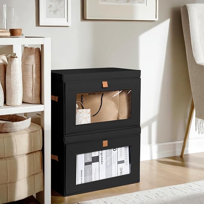 Collapsible Storage Bins - Large Stackable Organizer Bins, Decorative Boxes with Handles & Window, Fabric Containers for Living Room, Closet, Dorm, 2 Pack, Black