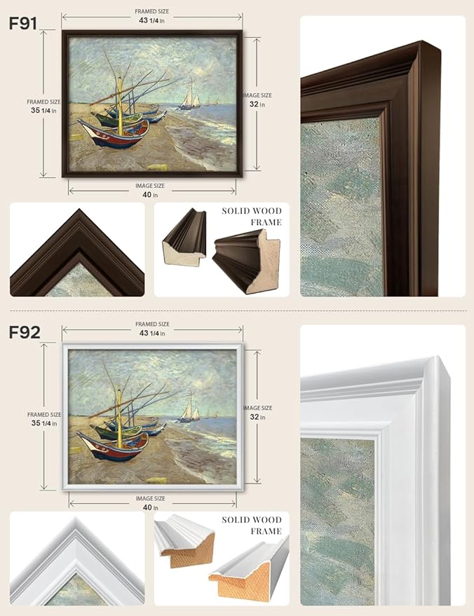 DECORARTS - Boats At Saintes Maire by Vincent Van Gogh Art Reproduction. Oversize Solid Wooden Frame Matching with Giclee Prints Canvas Wall Art. Total framed size: 43x35