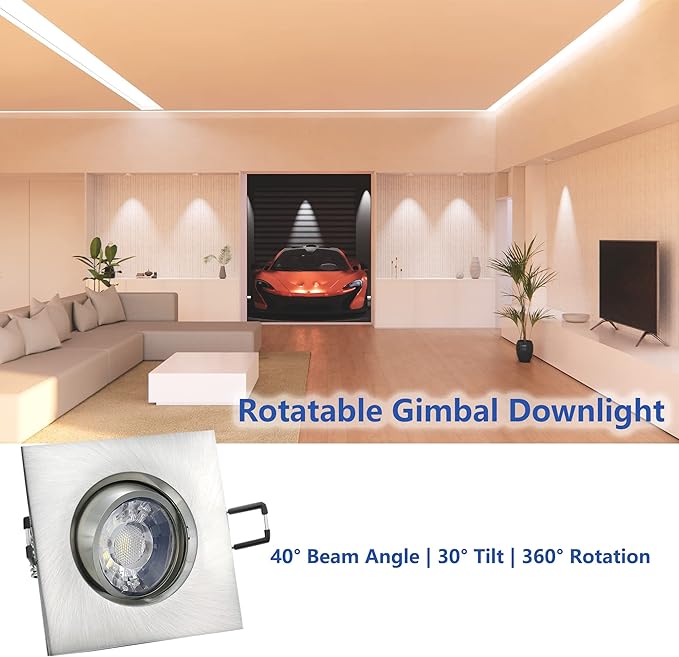 Canless Recessed Gimbal Downlight Rotatable-Spotlight 5 CCT Adjustable 3 Inch Eyeball Ceilling Potlight, Dimmable Recessed Lights Fixture with Junction Box, 8W, Brushed Nickel Square Trim, 6P