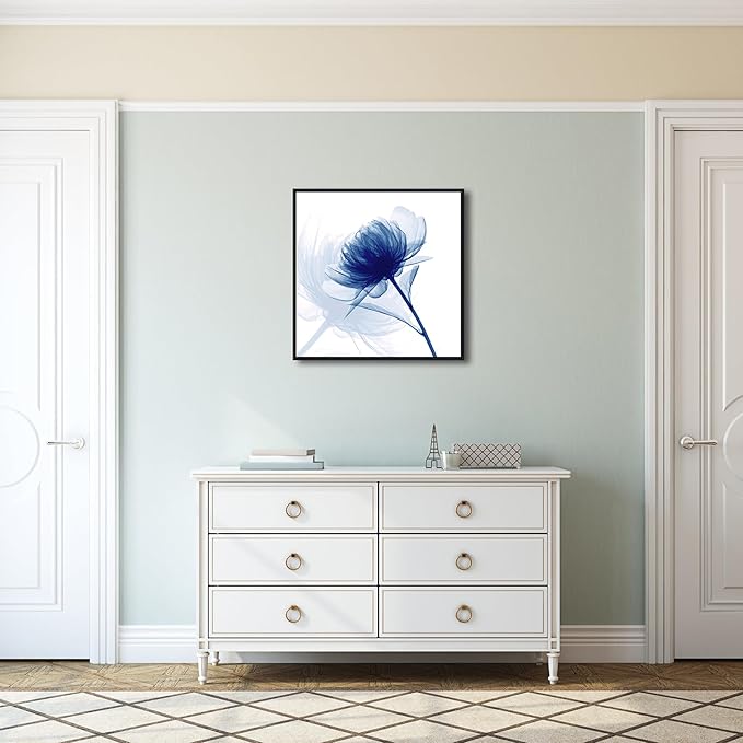 Pyradecor Large Black Framed Wall Art Blue Flickering Flower Grace Floral Pictures on Canvas Prints One Panel Artwork for Bedroom Office Home Decorations