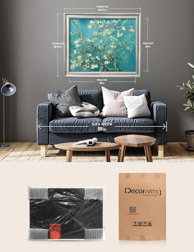 DECORARTS - Almond Blossom Tree, Vincent Van Gogh Art, Silver Solid Wood Frame, Giclee Print on Canvas. Frame Art for Elegant Home Decor. Framed Size: 34.5x28.5