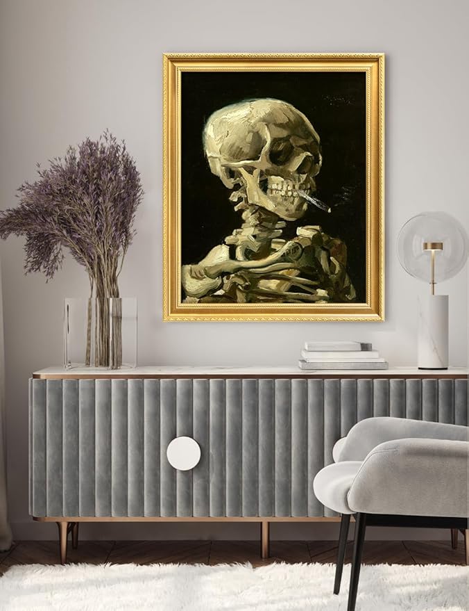 DECORARTS - Vincent van Gogh's Skull with Burning Cigarette, Museum-Quality Giclee Canvas Print in Gold Solid Wood Frame, 34.75 x 28.75 in, Ready to Hang, Made in USA