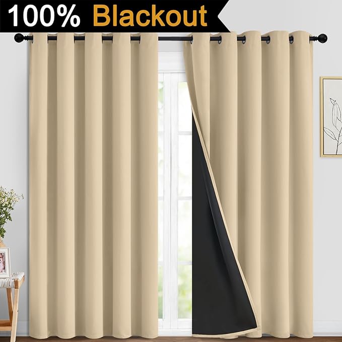 Yakamok Beige 100% Blackout Curtains, Thermal Insulated Total Blackout Drapes for Bedroom, Heat Blocking Window Curtains for Living Room(70Wx84L, 2 Panels)
