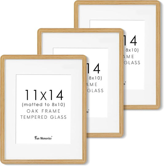 11x14 Picture Frame, Solid Oak Wood Frame 11 x 14 for Wall, Rustic Wooden Frames 11 by 14 with Tempered Glass, 11x14 Frame with Mat for 8x10, Home Decor Photo Frames 11"x14", Natural Oak Color, 3 Pack