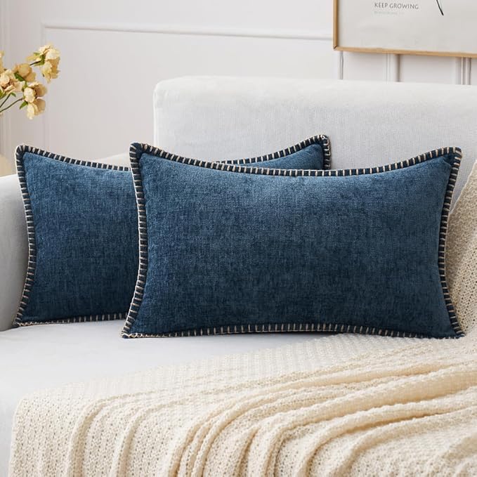 MIULEE Pack of 2 Couch Throw Pillow Covers 12x20 Inch Navy Blue Farmhouse Decorative Pillow Covers with Stitched Edge Soft Chenille Solid Dyed Spring Pillow Covers for Sofa Bed Living Room