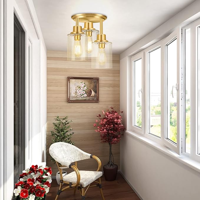 Semi Flush Mount Ceiling Light, 3-Light Close to Ceiling Light Fixtures, Brass Gold Finish Kitchen Light Fixtures with Clear Seeded Glass Shade Patriot Lighting for Entryway Porch Hallway Foyer