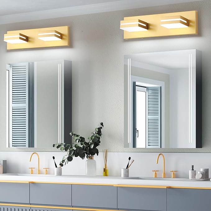 SineRise LED Modern Bathroom Vanity Light Fixtures (2-Light, 15.5-Inch), Matte Gold Modern Acrylic Bathroom Wall Lighting Fixtures Over Mirror (Cool White 6000K)