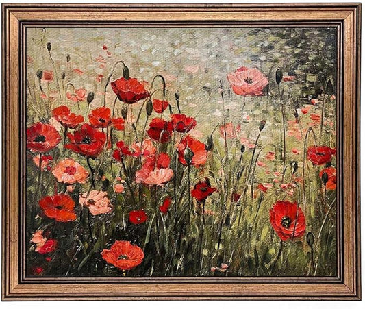Vintage Wall Art Red Flower Painting, Framed Wall Art, Farmhouse Bedroom Kitchen Wall Art Decor (Flowers, 10L x 8W)