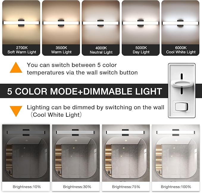 Bathroom Vanity Light Brushed Nickel Square LED 24 inch 14W 4000K Natural White Light Wall Bar Lighting Fixtures Over Mirror (Matte Black, 24 inch 5CCTDimmable)