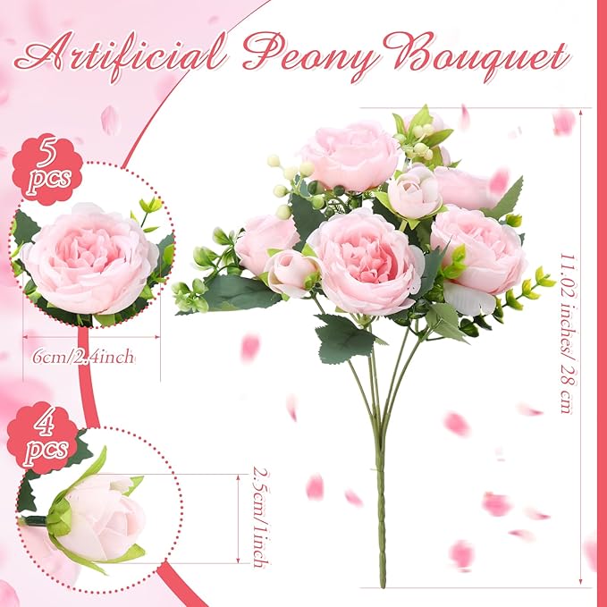 Geosar 2 Bundles Artificial Peonies Flowers Fake Silk Peony Bouquet Faux Peonies Flowers Bulk for Decoration Vase Florals Arrangements Wedding Party Table (Pink)
