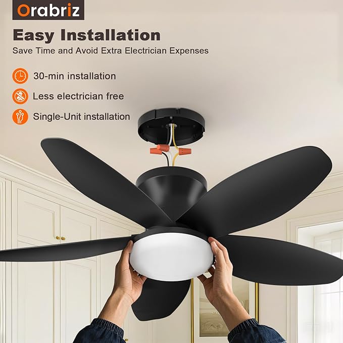 35 Inch Ceiling Fan with Lights and Remote Control, Quiet Modern Low Profile Fan Light with 6 Speeds, Dimmable LED, Reversible Blades for Bedroom Living Room Indoor/Outdoor, Black