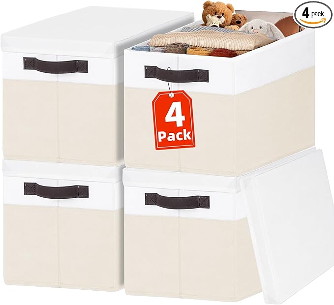 Large Closet Organizer Bins with Lids 4 Pack - Nursery Storage Baskets for Shelves Bedroom Dorm - Stackable Decorative RV Closet Organization Cubes with Handles for Clothes Purse Blanket Towel