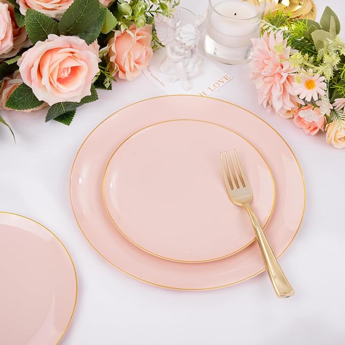 YOUBET 125PCS Pink Plastic Plates - Pink Disposable Plates With Gold Rim - Pinks and Gold Plates Include 25 Dinner Plates, 25 Dessert Plate, 75 Cutlery for Party Wedding Birthday