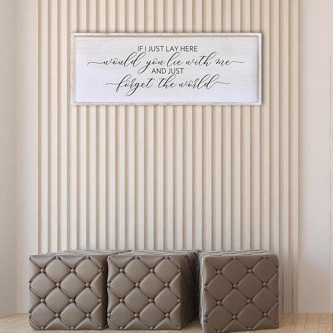 Surfapans If I Lay Here Would You Lie With Me Wall Decor Sign 40”X15” Master Room Bedroom Above Bed Large Farmhouse Inspirational Quotes Minimalist Wood Framed Over Bed Wall Art Decoration (White)