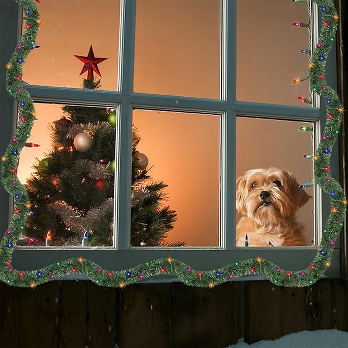 WATERGLIDE 49FT Lighted Christmas Green Garland with 100 Count Multicolor String Lights, Pre-lit Long Artificial Greenery Garlands, Plug in Holiday Decorative Lights for Indoor Outdoor Decor