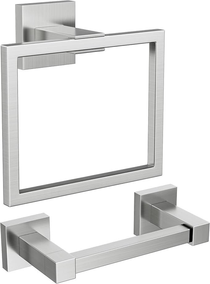 FORIOUS Toilet Paper Holder Set Wall Mount, SUS 304 Stainless Steel Pivoting Toilet Paper Holder and Towel Ring, Hand Towel Holder Set for Bathroom, Square Bathroom Hardware Set, Brushed Nickel