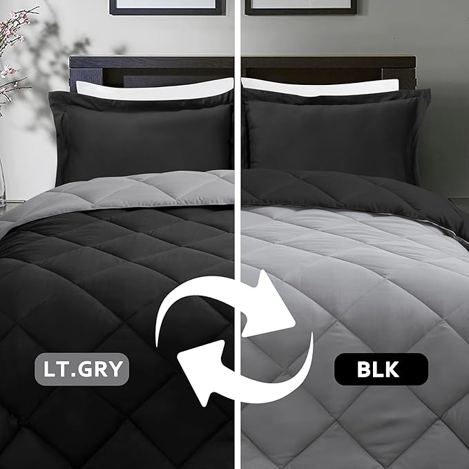 HIG 3pc Black Twin/Twin XL Comforter Set - All Season Reversible Down Alternative Comforter with Sham - Quilted Duvet Insert with Corner Tabs - Diamond Stitched Blanket - Breathable, Soft, Fluffy