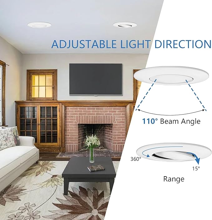 Jolux 4 Pack 5/6 Inch 5CCT LED Can Light Gimbal Retrofit Recessed Downlight, Adjustable Angle, Recessed Lighting CCTSelectable 2700K/3000K/3500K/4000K/5000K,12W=60W,800LM, Dimmable, E26 Base.