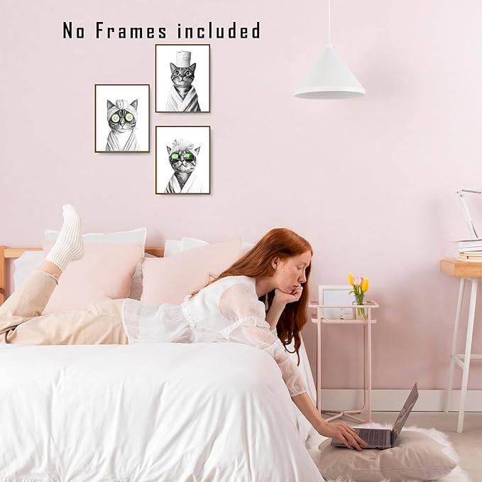 FITIE Funny Cat Bathroom Wall Art Prints Set of 3, Black and White Funny Cat Wall Art Posters for Bathroom Washroom Restroom Decor, 8x10 Unframed