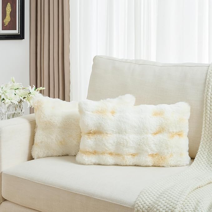 FUTEI Yellow White Decorative Throw Pillow Covers 12x20 Inch Set of 2,Soft Fuzzy Faux Rabbit Fur Pillow Case with Raised Texture,Neutral Boho Home Decor for Couch Bed Living Room