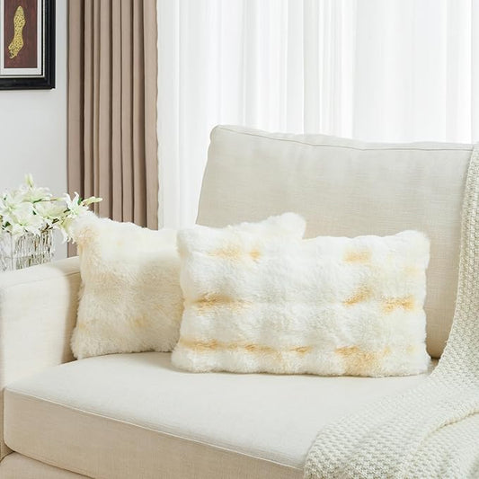FUTEI Yellow White Decorative Throw Pillow Covers 12x20 Inch Set of 2,Soft Fuzzy Faux Rabbit Fur Pillow Case with Raised Texture,Neutral Boho Home Decor for Couch Bed Living Room