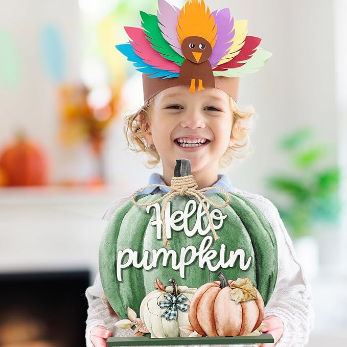 Soaoo Fall Decoration Wooden Fall Hello Pumpkin Sign Autumn Pumpkin Table Decor 11 Inch Wooden Autumn Desktop Ornament for Farmhouse Home Living Room Harvest Day Thanksgiving Decor(Green,Vivid)