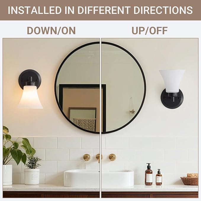 LOUSACE 2 Pack 1-Light Bathroom Vanity Lights Black Vintage Bathroom Lighting Fixtures with Opal White Glass, Set of 2 Single Vanity Wall Sconces for Side Mirror Cabinet Stairs Kitchen Living Room