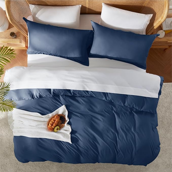 Nestl King Duvet Cover Set with Comforter Insert - Navy Blue 4 Piece 104x90 Duvet Cover & 2 Pillow Shams with White Quilted Down Alternative Comforter, Ultra Soft, All Season