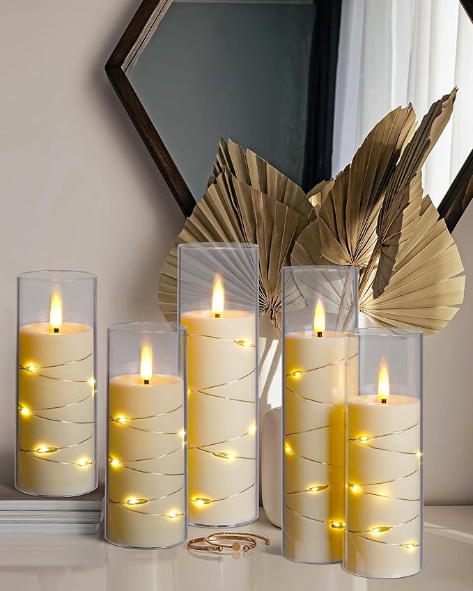Da by Flickering Flameless Candle with Embedded Star String ，Acrylic LED Pillar Candles with 11-Key Remote Control and Timer，Battery Operated Candles, Ivory, Set of 5(D2.3×H5“/5“/ 6”/7“/8”)