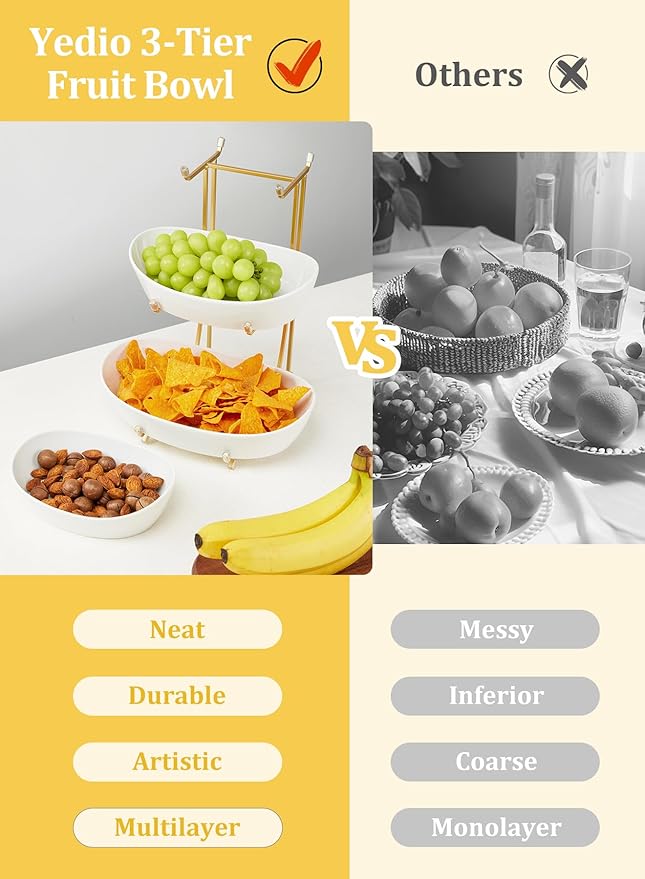 Yedio Fruit Bowls for Kitchen Counter, No Assembly Required, 3 Tier Porcelain Serving Bowls with Metal Stand, Tiered Fruit Basket for Fruit Vegetable Storage, Snack, Nuts, Cake, Dessert