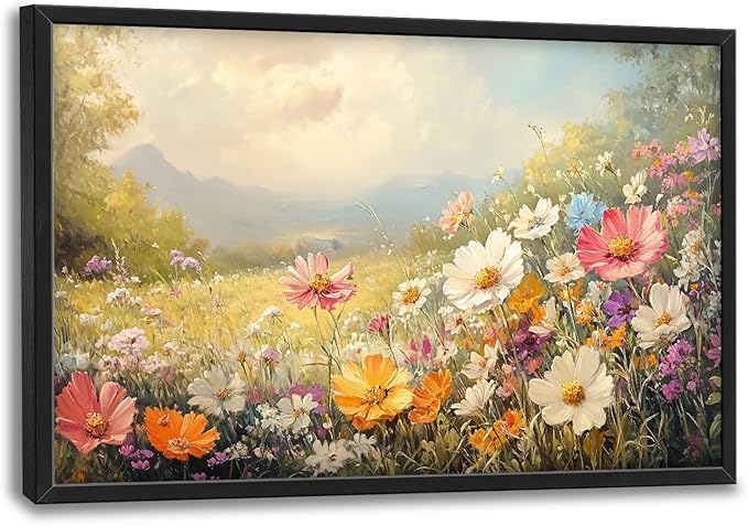 Wildflower Framed Wall Art for Living Room, Large Gesang Flower Canvas Wall Decor, Wildflower Pictures Painting, Modern Landscape Artwork for Bathroom Bedroom 36L'' × 24W''