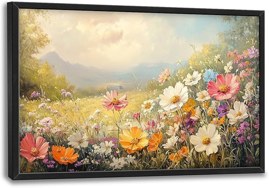 Wildflower Framed Wall Art for Living Room, Large Gesang Flower Canvas Wall Decor, Wildflower Pictures Painting, Modern Landscape Artwork for Bathroom Bedroom 36L'' × 24W''