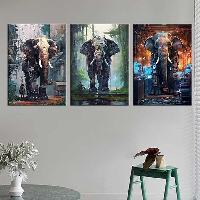 Abstract Elephants Wall Art Cyberpunk Giant Machine Animal Posters Print on Canvas Modern Sci-Fi Theme Picture Painting Wall Decor Artwork for Living Room Gym Office Ready to Hang [60''W x 28''H]