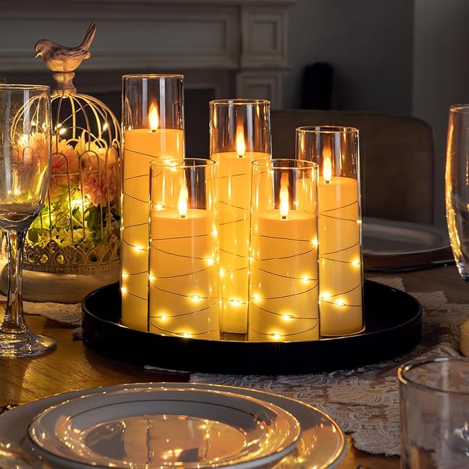 Raycare Flameless LED Candles with Embedded Star String, 5 Pcs Battery Operated Acrylic Pillar Candles with Timer and Remote, Flickering Candle for Romantic Ambiance and Home Decoration(Ivory)