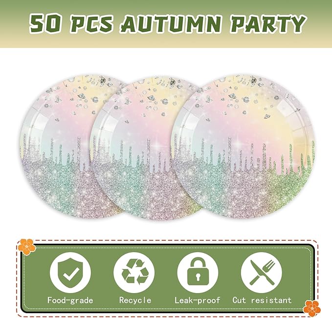 50PCS Colourful Glitter Paper Plates - 7inch Rainbow Diamond Birthday Dessert Plate for Cake Salad Pizza Disposable Supplies for Girls Women Mermaid Anniversary Birthday Wedding Party