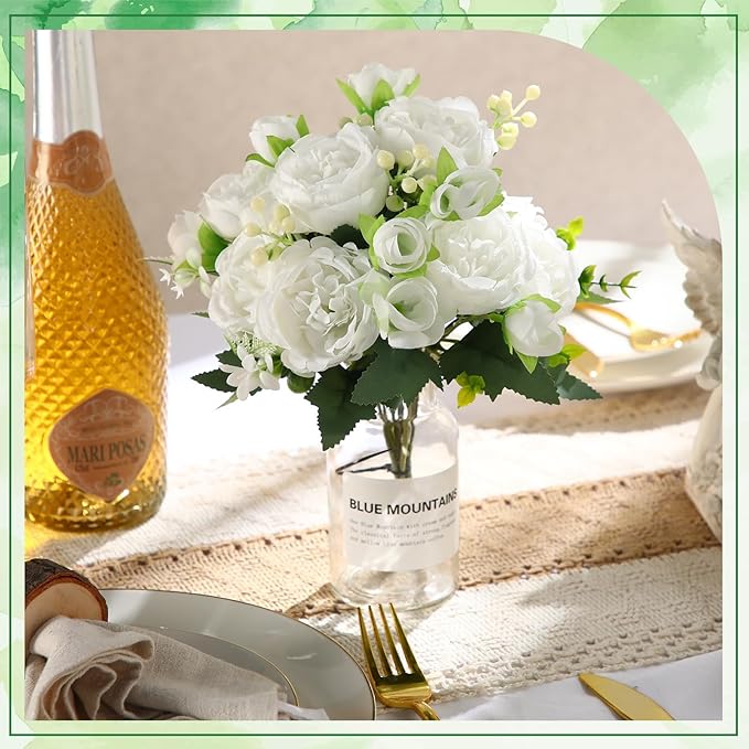 Geosar 2 Bundles Artificial Peonies Flowers Fake Silk Peony Bouquet Faux Peonies Flowers Bulk for Decoration Vase Florals Arrangements Wedding Party Table (White)