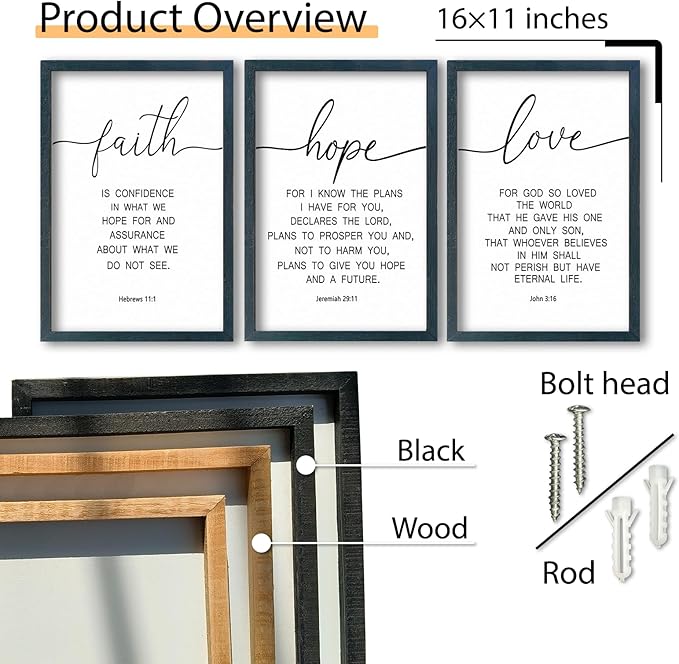 SRSZHIYUE Bible Verse Wall Decor Faith Hope and Love 16''×11'' Set of 3 Catholic Prayer Family Living Room Vintage Sign Farmhouse Scripture Quote Christian Minimalist Art Inspirational Wall Hanging (B